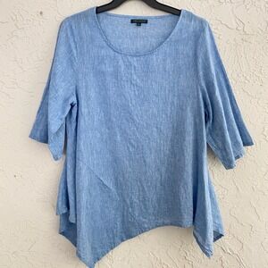 For Cynthia Top Womens Large Coastal Breezy Boho Blue Linen Blend Asymmetric Hem